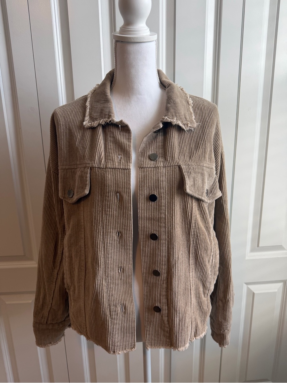 Mystree Frayed Corduroy Trucker Jacket - Taupe